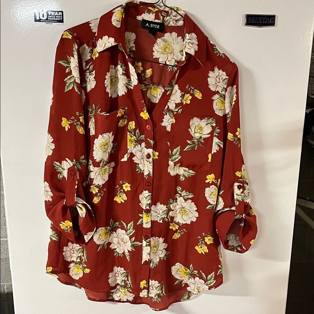 A. Byer Women's Red Floral Button Down Shirt